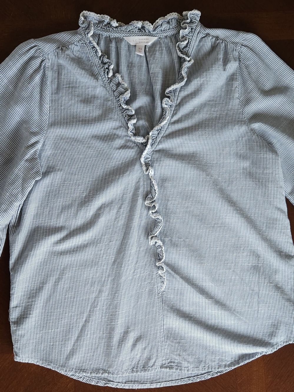 LC Lauren Conrad Blue Striped Ruffle Blouse